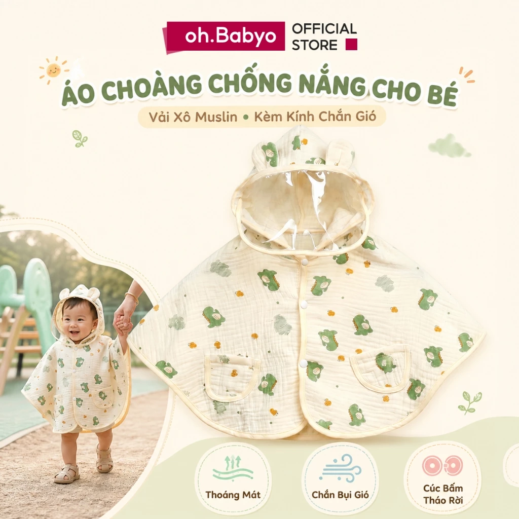 Áo Chống Nắng Đa Năng Cho Bé 0 Đến 3 Tuổi OhBabyo Áo Choàng Muslin Kèm Kính Chắn Tháo Rời Tiện Lợi