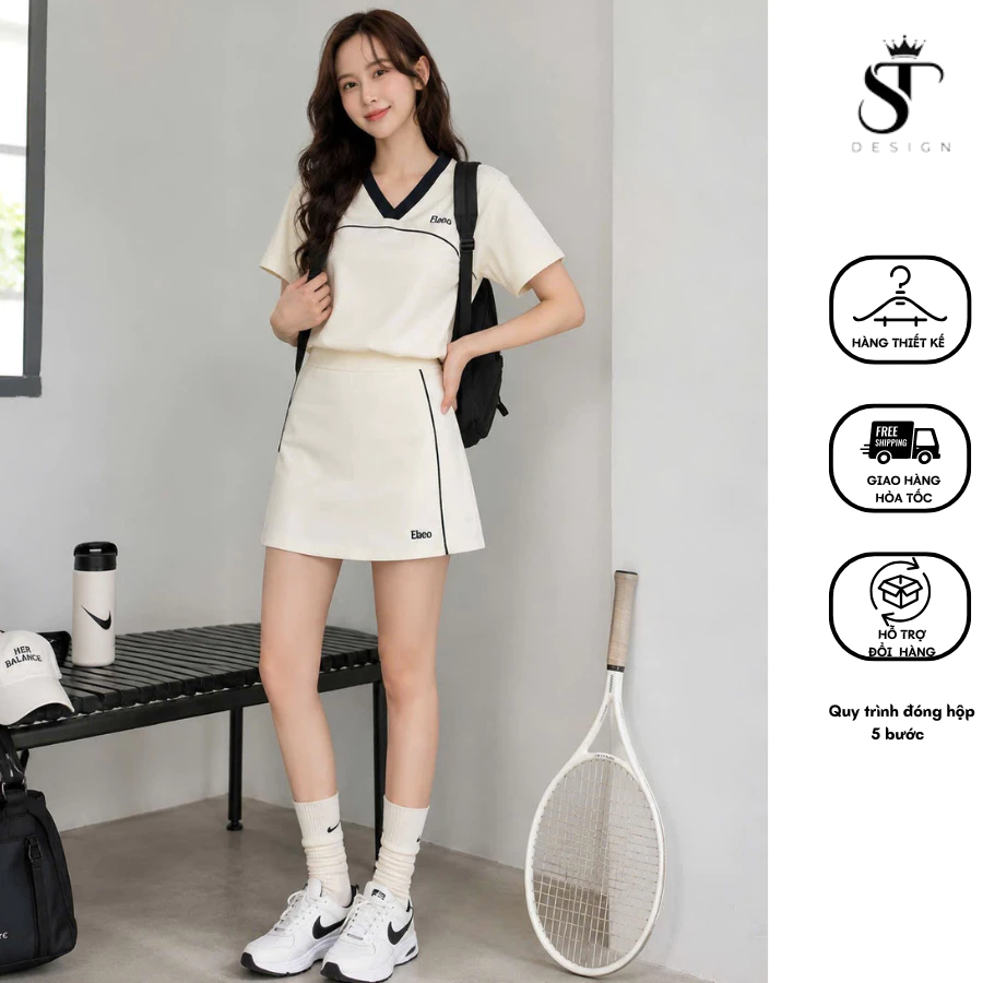 Set bộ thể thao áo cổ V + chân váy basic - ST Design - k92