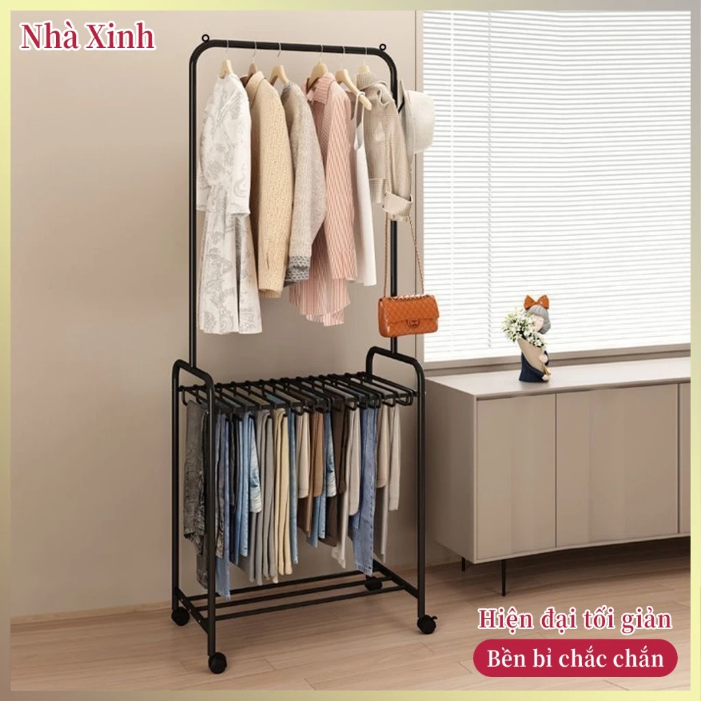 Giá treo quần 2 tầng kim loại dày bền chống gỉ, co giãn chiều dài, bánh xe đa hướng, dung tích lớn cất đồ tiện lợi