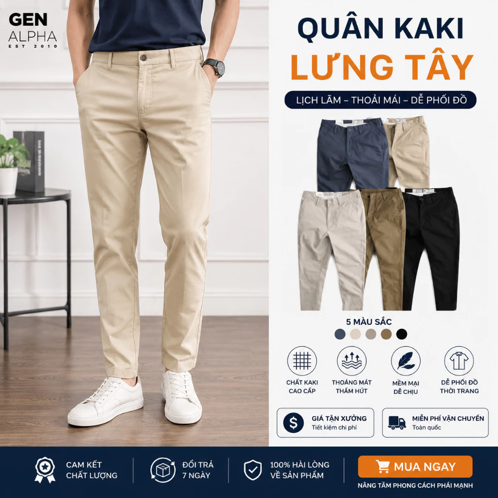 Quần Kaki Dài Nam GEN ALPHA Lưng Tây Cao Cấp Co Giãn Mềm Mịn Form Slimfit Ống Suông Suông Công Sở