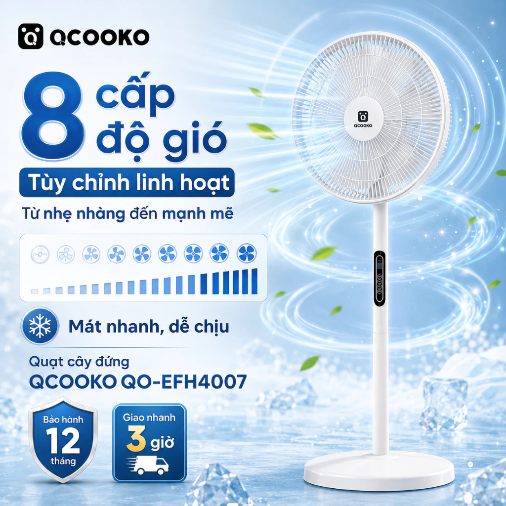 Quạt điện cây đứng QCOOKO 7 cánh kèm điều khiển từ xa tiện lợi hoạt động êm ái tiết kiệm điện