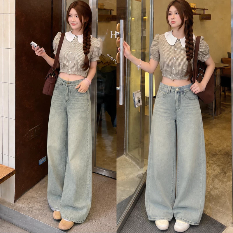 Quần Jean Nữ Ống Suông Rộng 26-30cm MIAA Màu Xanh Wash Rêu