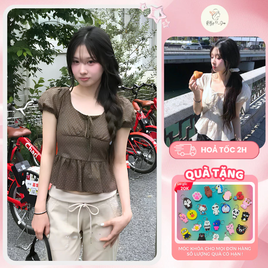 Áo Kiểu Hoa Nhí Cổ Vuông Nữ, Áo Nơ Buộc Sau Bo Eo Tay Bồng Dáng Babydoll Nữ Tính