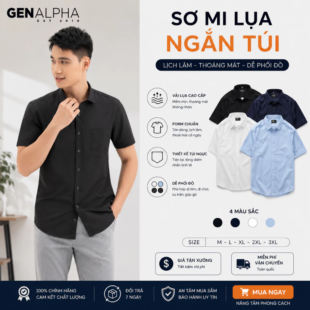 Áo Sơ Mi Nam Tay Ngắn Có Túi  Cổ Đức GEN ALPHA - Áo Sơ Mi Lụa Trơn Form Slimfit Chống Nhăn Cao Cấp