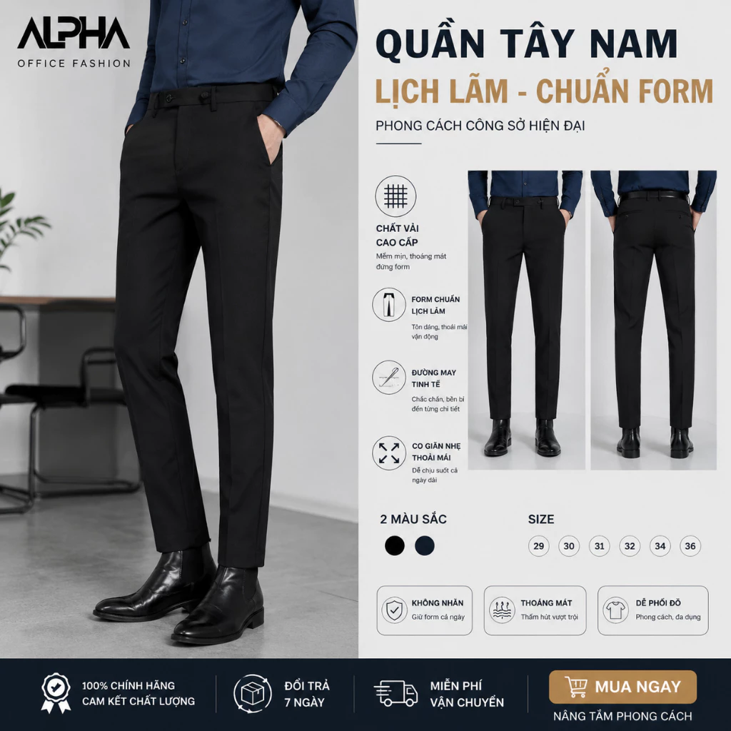 Quần Tây Nam Công Sở Gen Alpha Slimfit - Quần Âu Nam Cao Cấp Co Giãn Hàn Quốc Vải Chéo Dày Mịn Đen