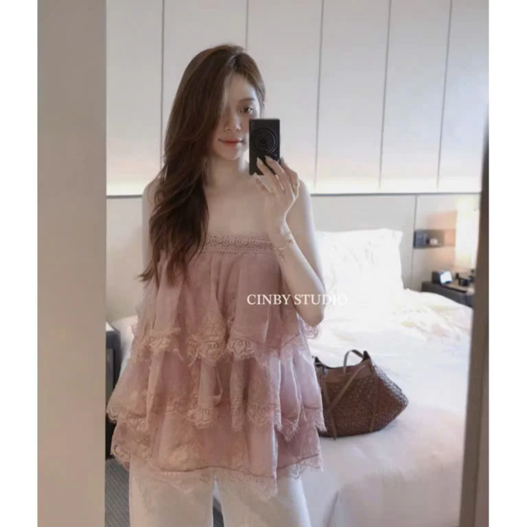 LYN- ÁO HAI DÂY NỮ HỒNG TUA RUA PHỐI REN NỮ CAO CẤP MIE