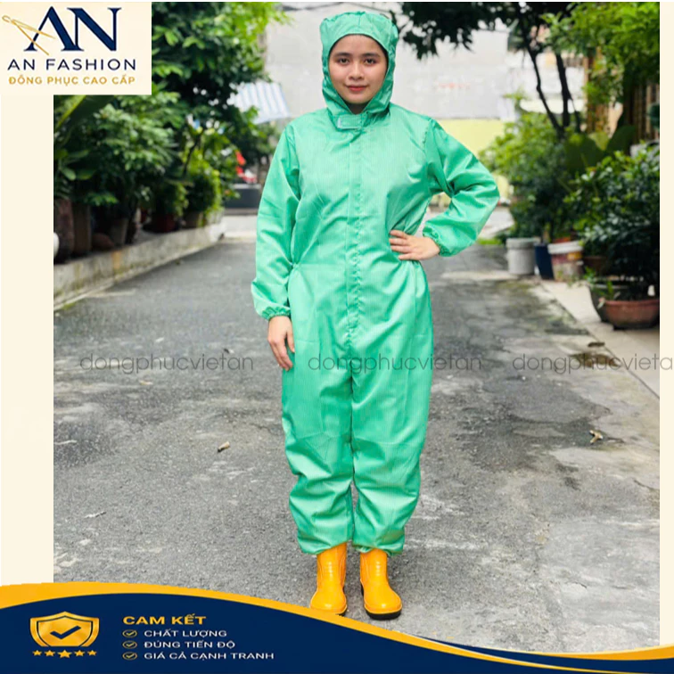 Quần áo phòng sạch chống tĩnh điện màu xanh lá Liền thân có Mũ