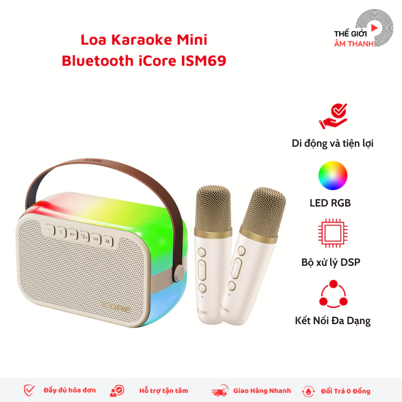 Bộ Loa Karaoke Mini Bluetooth iCore ISM69 Kèm 2 Micro  - Hiệu Ứng LED Đa Màu, Âm Thanh Sống Động- THẾ GIỚI ÂM THANH
