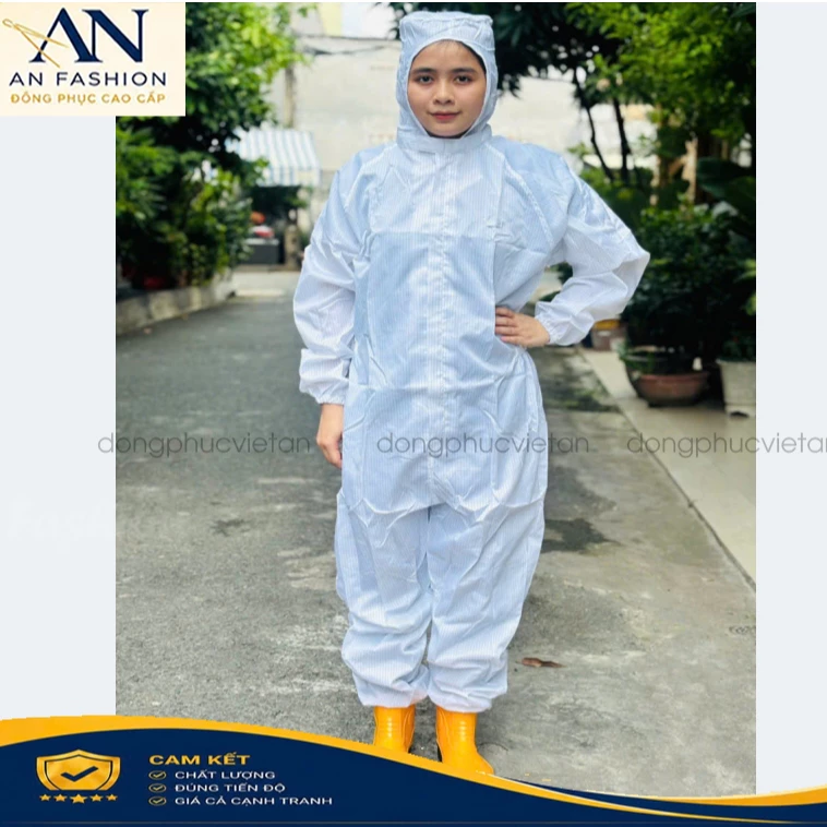 Quần áo phòng sạch chống tĩnh điện Trắng Liền thân có Mũ
