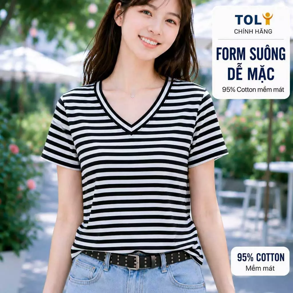 Áo thun nữ sọc ngang cổ tim TOLI BSV15 – Cotton mềm, form suông gọn dáng, dễ phối mặc mỗi ngày