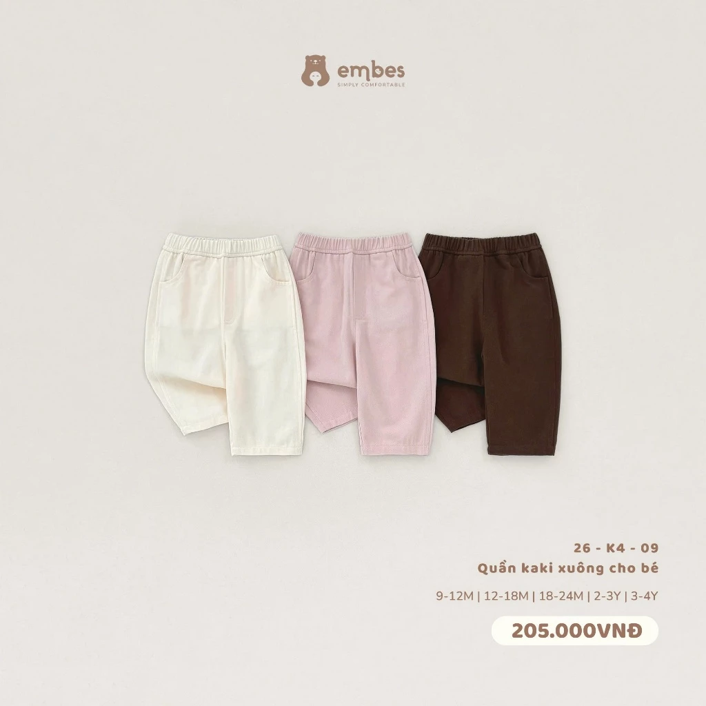Quần Dài Cho Bé Embes, Quần Kaki Dài Ống Xuông Màu Trơn Basic Cho Bé Trai Bé Gái Size Từ 8-18Kg