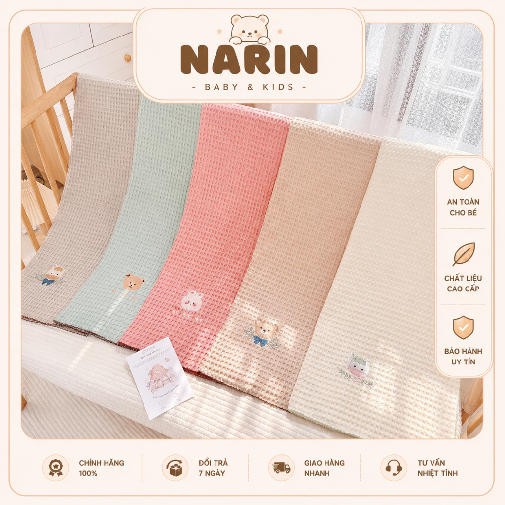 Chăn thêu vải WAFFLE Monona organic sợi tre cao cấp xuất hàn êm ái mềm mại cho bé có bé 4 mùa.
