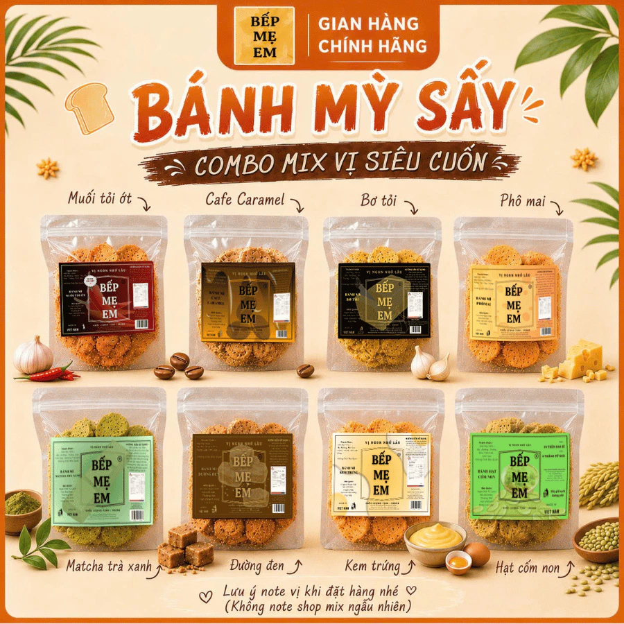 Combo Bánh Mì Chọn Vị Bếp Mẹ Em : Bơ Tỏi/ PhoMai/Đường Đen/Kem Trứng/Cafe Caramel/Matcha/Muối Ớt (Ghi chú)