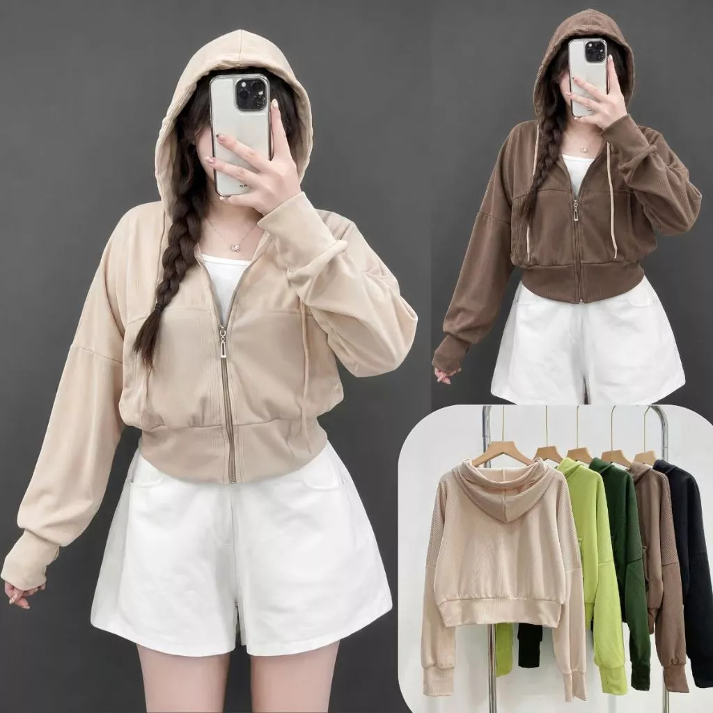 Áo Khoác Lửng Bigsize Nữ Có Mũ Trùm Đầu Vải Gân Tăm Dày Dặn Bigsize Cô Nhỏ Thoáng Mát Co Giãn Basic - KHOAC5