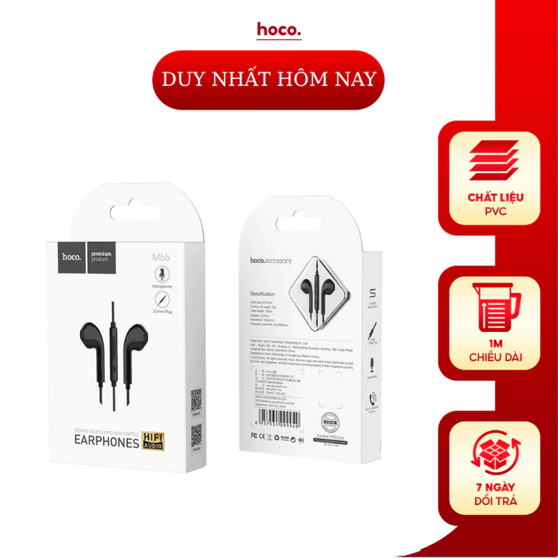 Tai nghe có dây M55 HOCO thiết kế jack 3.5mm có micro đàm thoại, âm thanh trong siêu thực dễ dàng kết nối