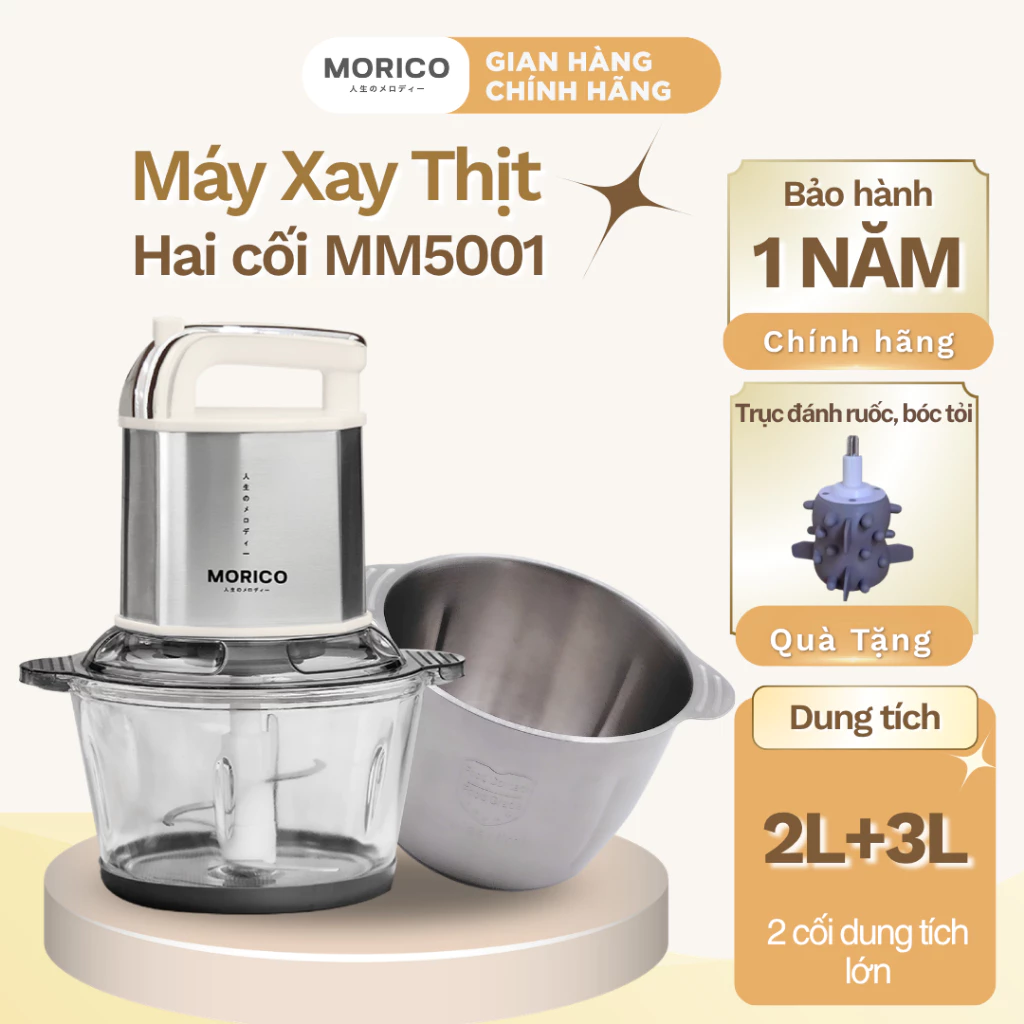(Không Khuôn Giò) Máy Xay Thịt Đa Năng Morico MM5001_Công Suất Mạnh 500w, 2 Cối Cao Cấp, Xay Nhuyễn Chỉ Trong Vài Giây