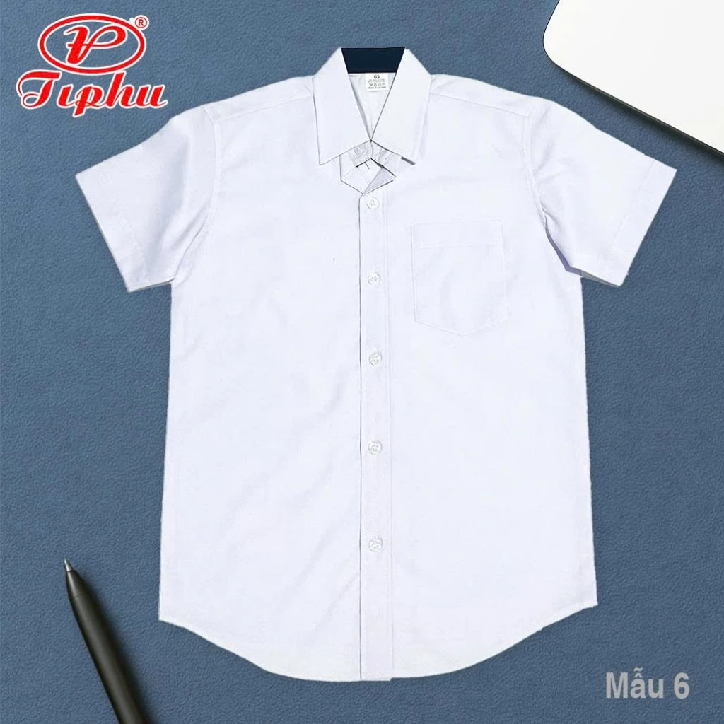 Áo Sơ Mi Trắng bé trai Phối Viền Xanh, Chất Vải Kate Silk, Dành Cho Học Sinh nam Cấp 1 2, big size