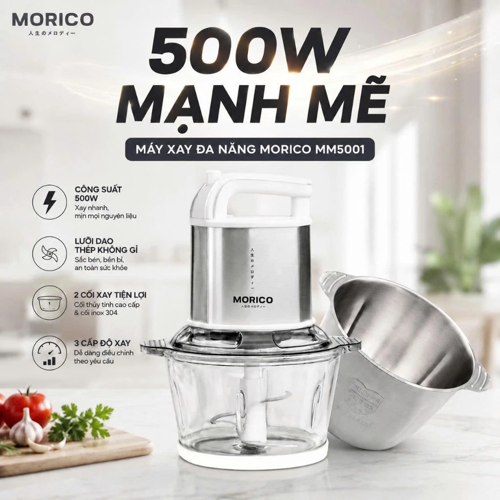 (Hỏa Tốc) Máy Xay Đa Năng MORICO MM5001 Công Suất 500W – 2 Cối 3L Inox 304 & 2L Thủy Tinh,  Xay Thịt Xay Giò, Đánh Ruốc