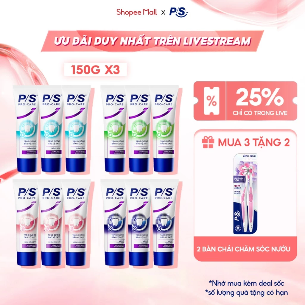[LIVE][Mua3 Tặng2]Combo 3Kem Đánh răng P/S Pro-Care hàng tỉ ion hoạt tính lợi khuẩn150g TẶNG 2 bàn chảiP/S chăm sóc nướu