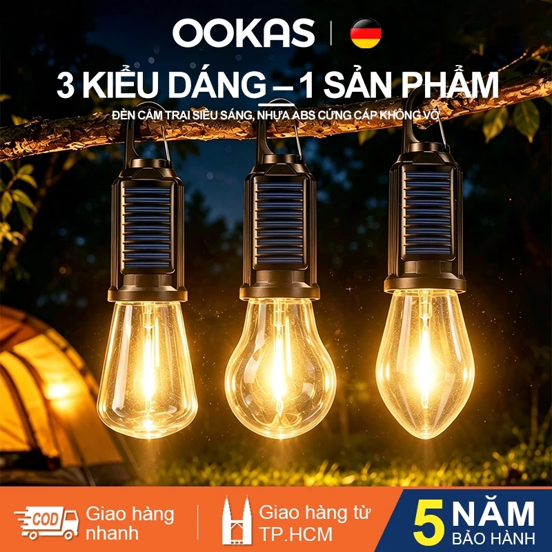 OOKAS Đèn móc treo bóng dây tóc vonfram, sạc năng lượng mặt trời, pin lâu, chống nước