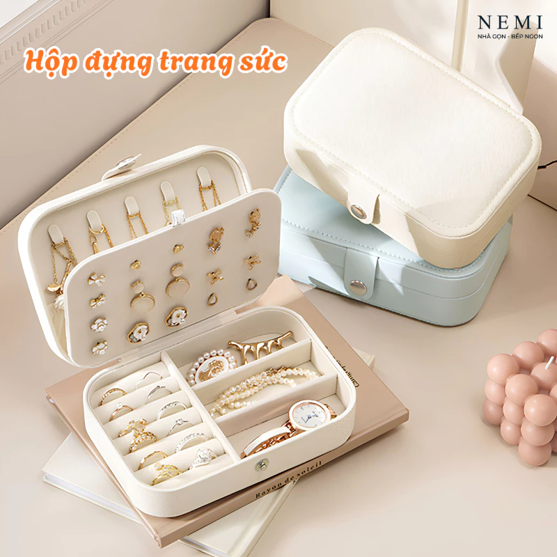Hộp Đựng Trang Sức Du Lịch NEMI, Hộp Đựng Nhẫn Khuyên Tai Dây Chuyền, Hộp Nữ Trang Bọc Da Nhiều Ngăn