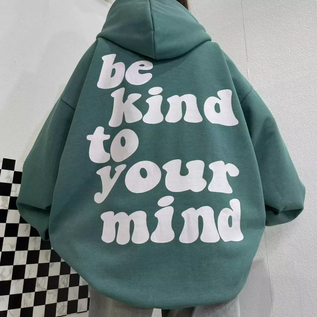 ÁO NỈ HOODIE XANH NGỌC CHỮ TRẮNG BE KIND TO áohoodie