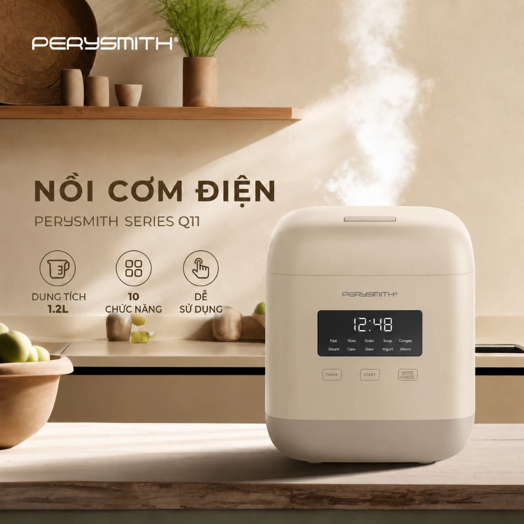 Nồi Cơm Điện Đa Năng PerySmith Series Q11 1.2L, Nấu Cơm, Cháo, 10 Chế Độ Nấu, Thiết Kế Nhỏ Gọn, Dễ Sử Dụng