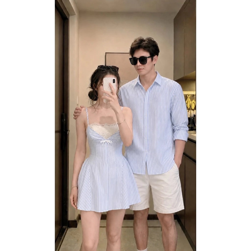 (S - 94) [GIÁ MỞ BÁN] Set đồ đôi nam nữ couple váy 2 dây kẻ sọc phối ren và áo sơmi nam tay dài( không quần),đồ mùa hè