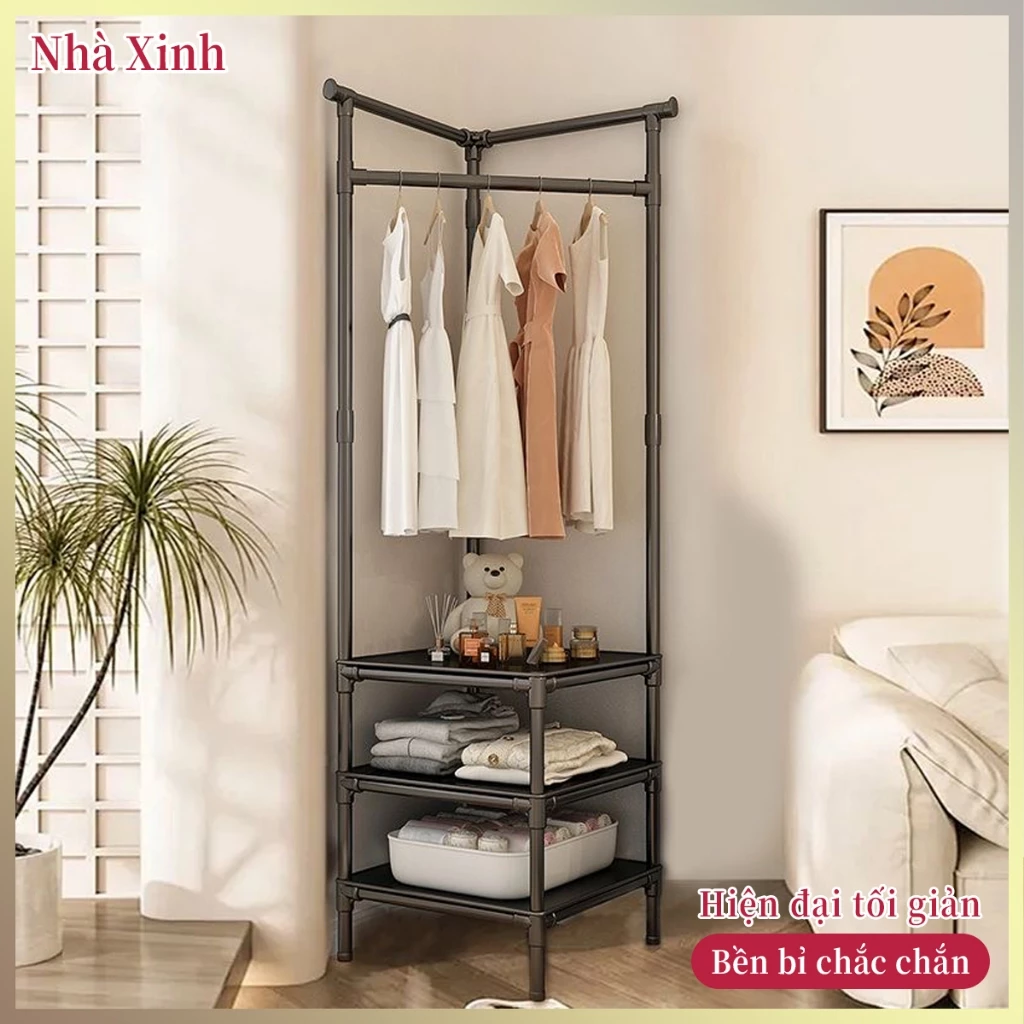 Giá treo quần áo góc tường đứng sàn có ngăn kéo, thép dày chống gỉ, tiết kiệm không gian, lưu trữ đa năng dễ lắp ráp