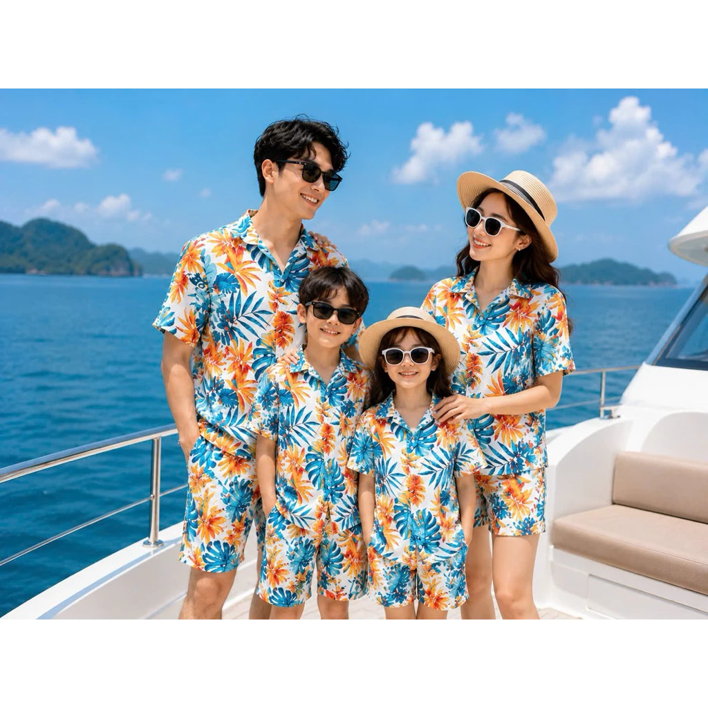 Quần áo đi biển mẫu hoạ tiet hoa lachất vải kate thái mềm mại , bộ đi biển cây dừa, bộ đi biển cho gia đình nhóm đủ size
