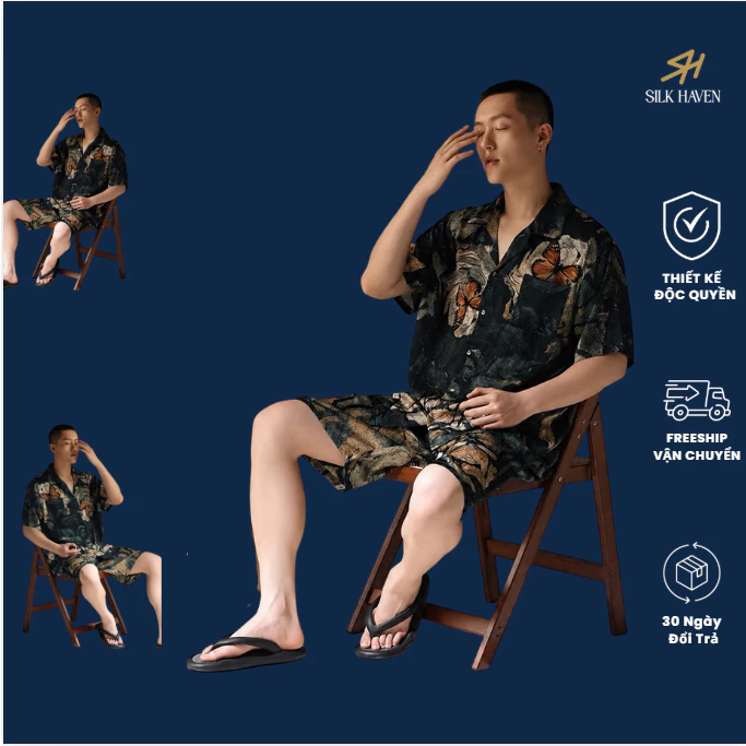 Bộ quần áo Lụa Nam Thiết kế Hoạ tiết - SILK HAVEN Bl09 - Bộ pijama Lụa cao cấp -mền mịn,thoáng mát