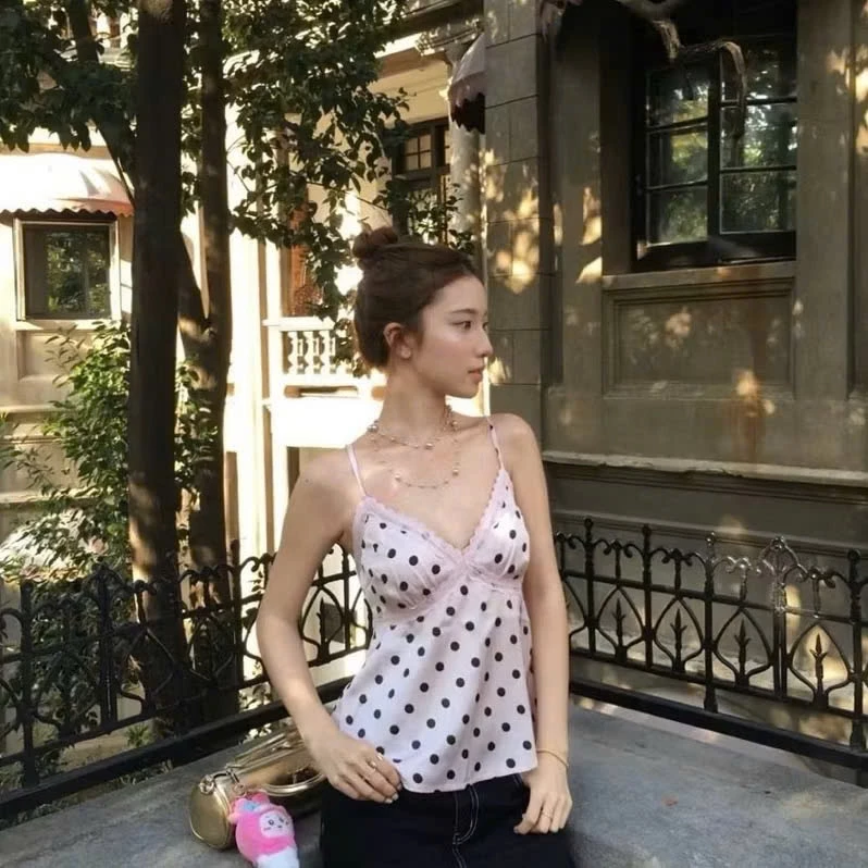 Áo hai dây lụa chấm bi, lụa phối ren sexy áo dây đi biển