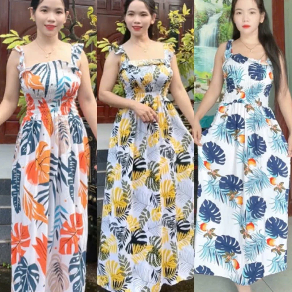 Đầm đi biển chất vải tôn (lanh) siêu thoáng mát đi biển, Đầm maxi đi biển hoạ tiết hoa lá cây dừa cho nữ freesize