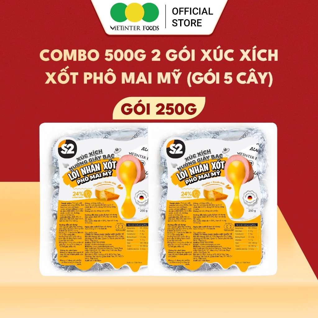 Xúc Xích Nướng Giấy Bạc S2 Lõi Nhân Xốt Phô Mai Mỹ Vietinter Foods
