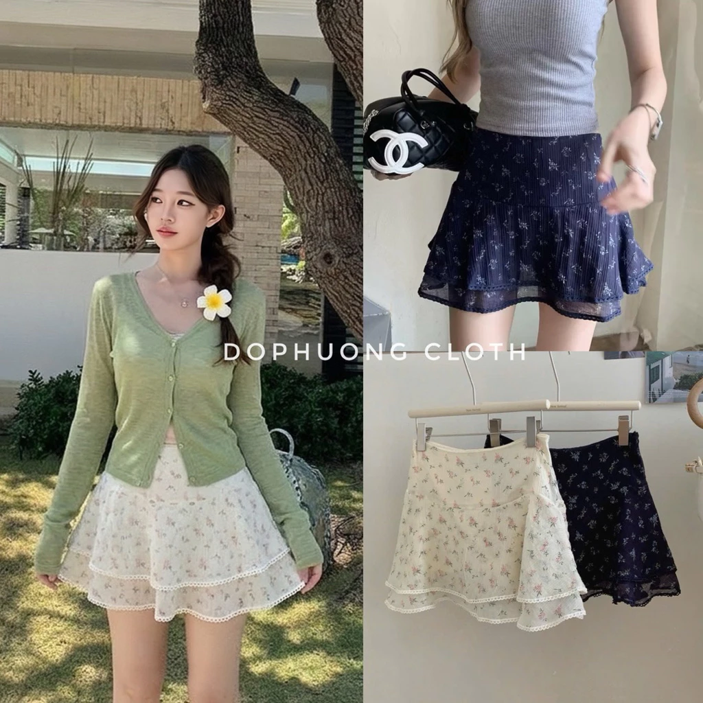 (Hàng QC sẵn ship có video chính chủ) Chân váy hoa nhí 2 tầng xoè nhẹ – váy ngắn viền ren nữ tính phong cách tiểu thư