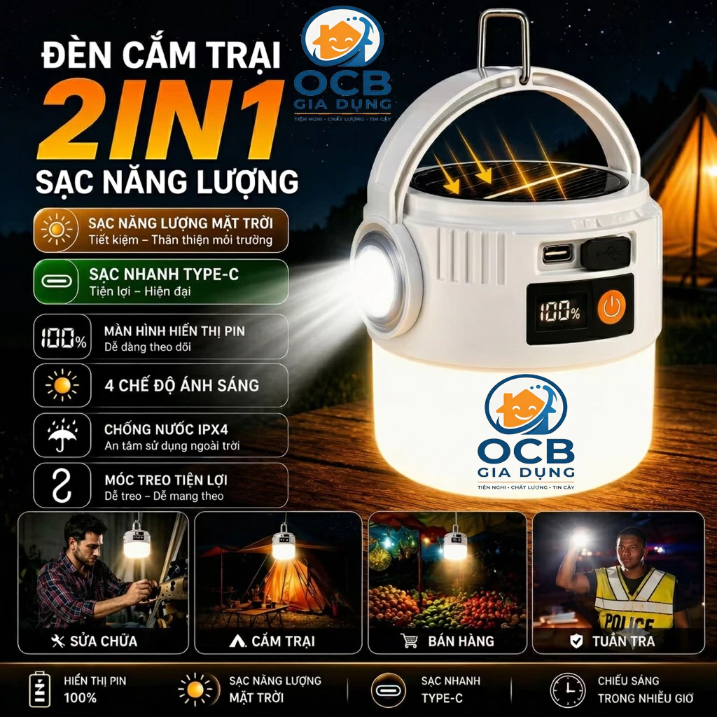 [MẪU MỚI 2026] Bóng đèn tích điện Cổng Sạc type-c + Sạc NL Mặt Trời Chống Thấm Nước Cho Hoạt Động Ngoài Trời