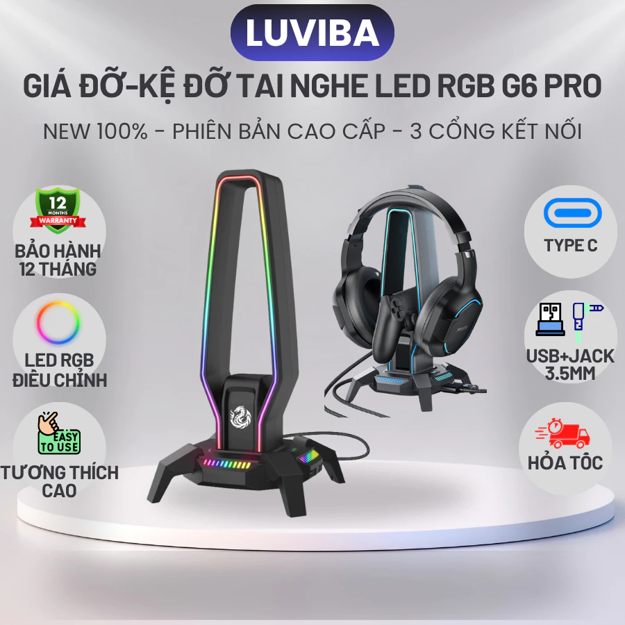 Kệ treo đỡ tai nghe headphone có led RGB, giá đỡ tai nghe G6 có hub USB 3 cổng, Jack 3.5mm, Type-C