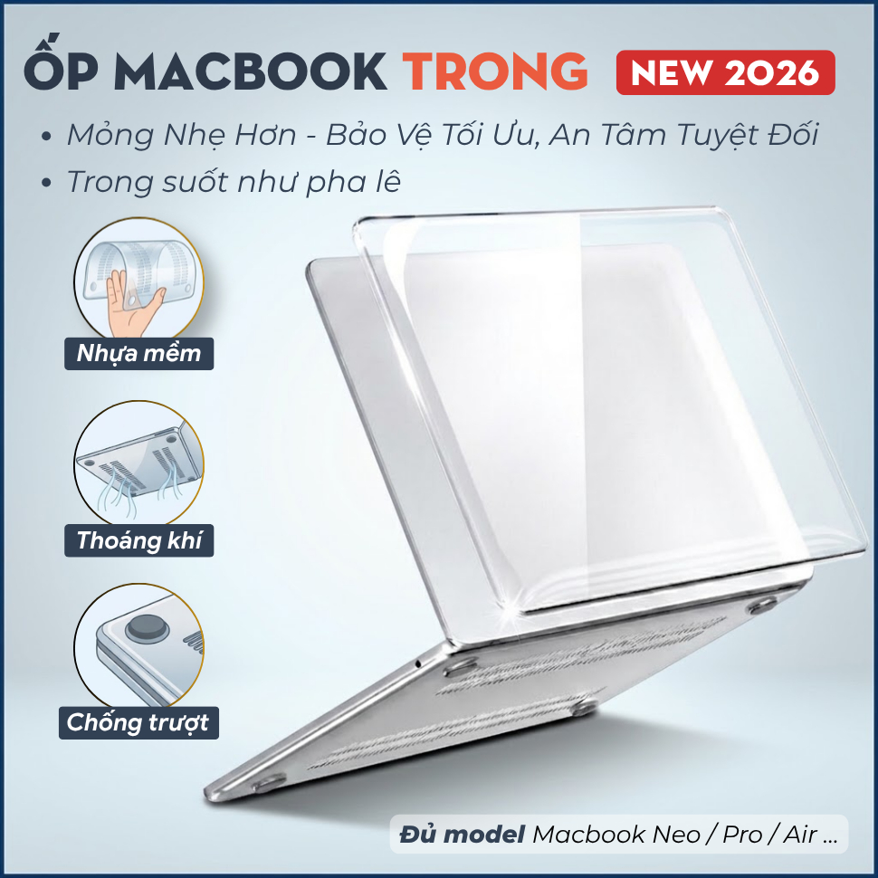 Ốp MacBook Trong Suốt Air M1 M2 M3 M4 M5 Neo, Pro 13 14 16 Inch - Case Nhựa…