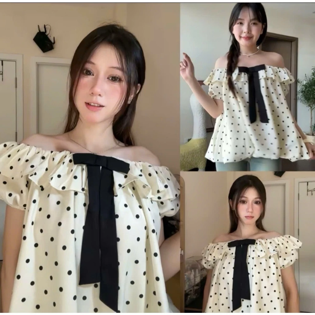 Áo Bồng Xòe Dáng Bí Đính Nơ Ngắn Tay,Áo Kiểu Trễ Vai Mặc Hai Kiểu Họa Tiết Chấm Bi Phong Cách Tiểu Thư