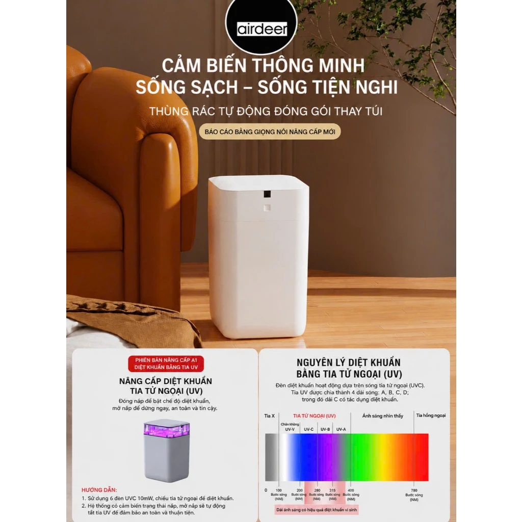 Thùng Rác Thông Minh Airdeer A1 UV 15L Tự Đóng Gói Thay Túi Tự Động -Cảm Biến Mở Nắp Không Chạm - Khử Khuẩn UV