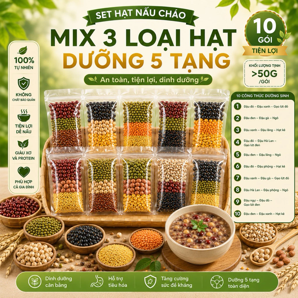 Set Cháo Hạt Mix 3 Loại 50g – Đậu, Hạt & Gạo Lứt – Ăn Sáng Lành Mạnh, Eat Clean