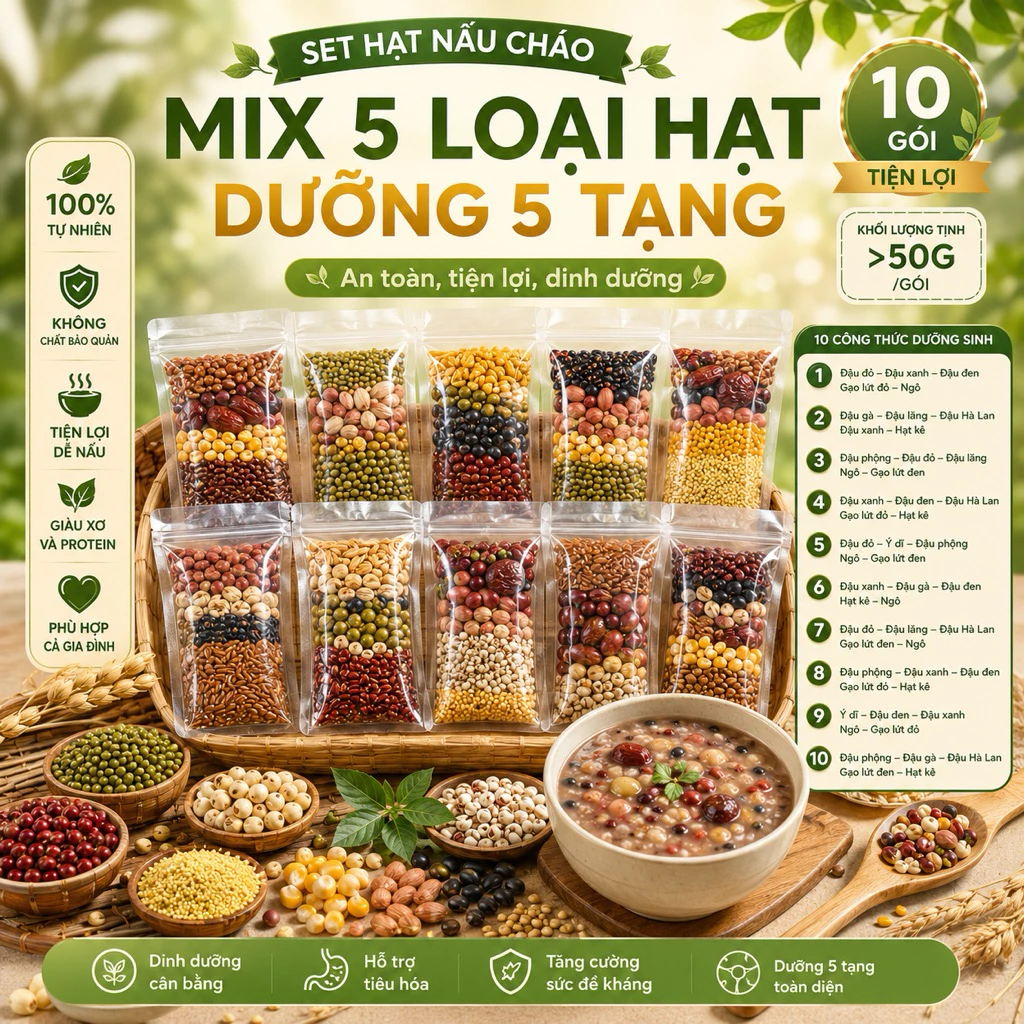 Set 10 Gói Cháo Hạt dưỡng sinh Mix 5 Loại 50g – Ăn Sáng Healthy, Dinh Dưỡng Cao tiện lợi Gạo Nếp và Gạo Tẻ Tuỳ Chọn