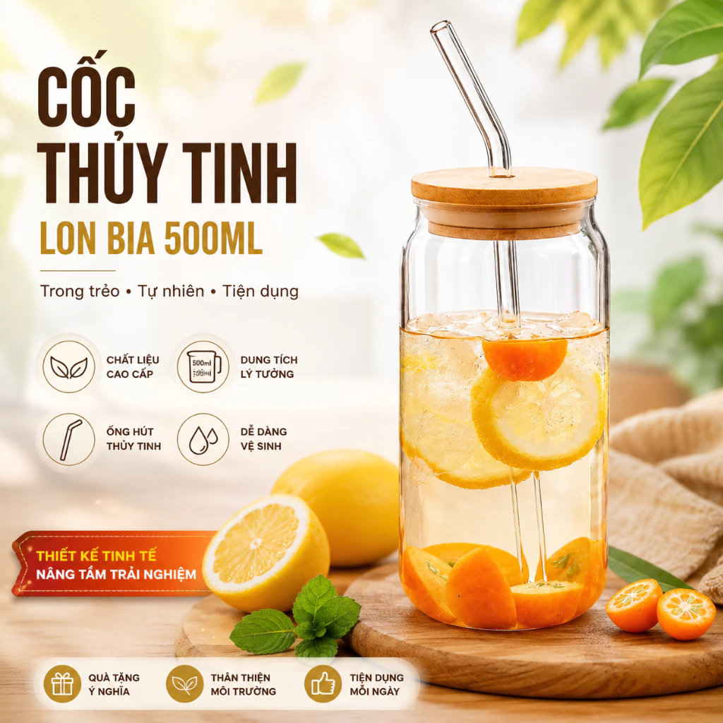 Ly Thủy Tinh Chịu Nhiệt 500ml Có Kèm Nắp Tre Và Ống Hút Thủy Tinh - Cốc Uống Nước, Cafe, Trà Sữa