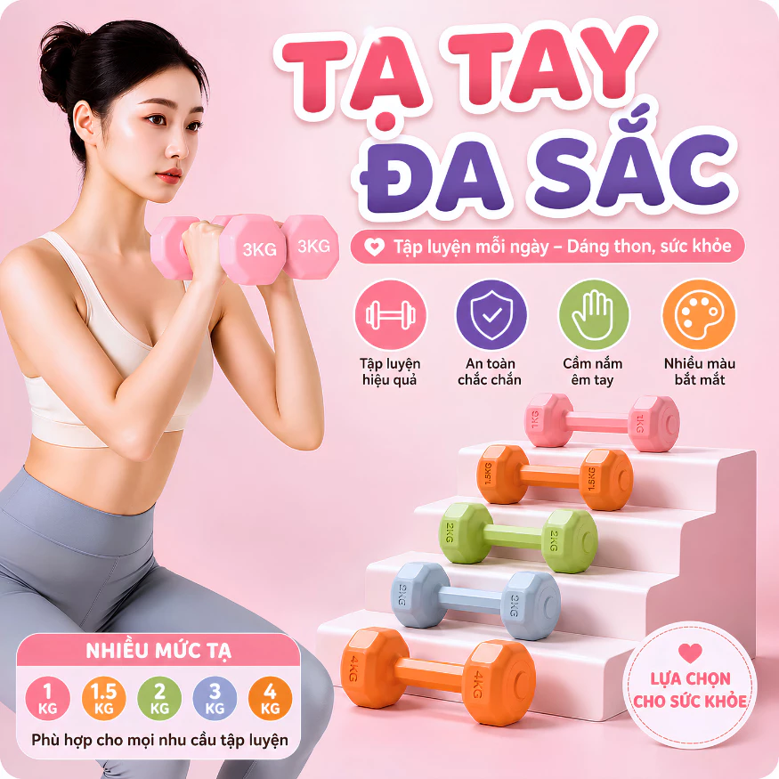 Tạ Tay Đúc Nguyên Khối Bọc Nhựa TORO Cao Cấp Chống Trượt, Tạ Tập Thể Dục Tại Nhà Yoga Gym Nhiều Màu