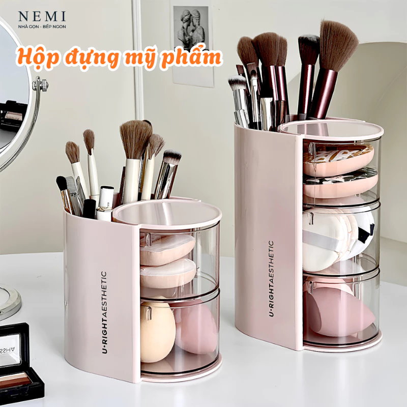 Hộp đựng cọ trang điểm, mút tán kem nền xoay 2-3 tầng để bàn, hộp để đồ makeup, mỹ phẩm chống bụi