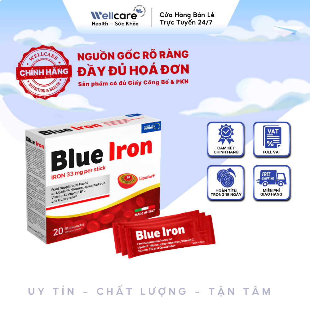 [✨CHÍNH HÃNG] Blue Iron Bột Sắt Sinh Học - Hộp 20 Gói x 2g - Hỗ Trợ Bổ Sung Sắt, Cải Thiện Thiếu Máu Do Thiếu Sắt