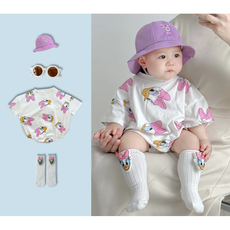 Bé bé và cô gái mùa hè quần ngắn bông thời trang vịt hồng phong cách Hàn Quốc Romper 0-24 M