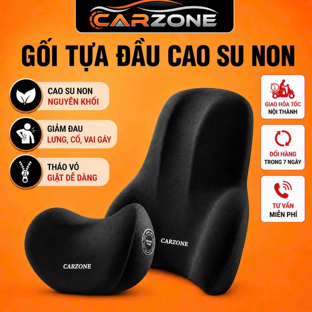 Gối Tựa Đầu Và Lưng Ô Tô CARZONE Cao Su Non Êm Ái, Giảm Đau Mỏi Cổ Vai Gáy, Phù Hợp Mọi Dòng Xe