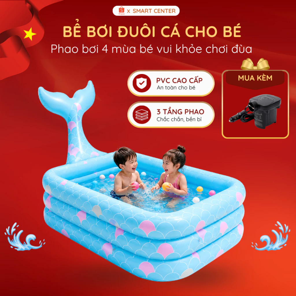 Bể Bơi Đuôi Cá Cho Bé 3 Tầng PVC Cao Cấp, Hồ Bơi Mini Gia Đình, Van Xả Thông Minh, An Toàn