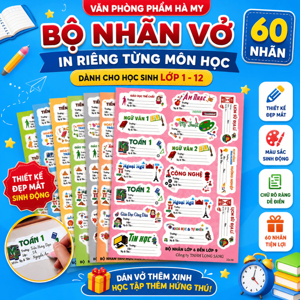 (Không In Tên) Bộ 60 - 95 Cái Nhãn Vở Môn Học Dành Cho Học Sinh Từ Lớp 1 Đến 12 - Nhãn Vở Decal Có Keo, Dễ Thương